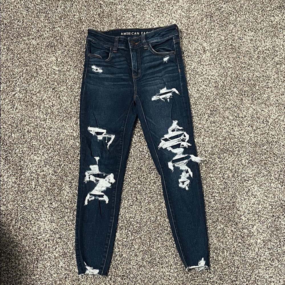 American Eagle Outfitters Women's Dark Blue Distressed Skinny Jeans